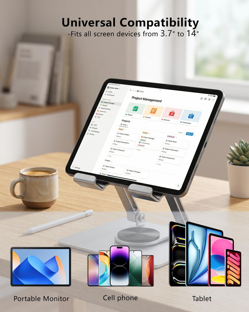 Rotating Foldable Tablet and Phone Stand Holder, Silver, Desktop Use | 360 Degree Rotation, Foldable, Stepless Angle/Height Adjustment, Heat Dissipation, Compatible with Devices from Approx. 4.7