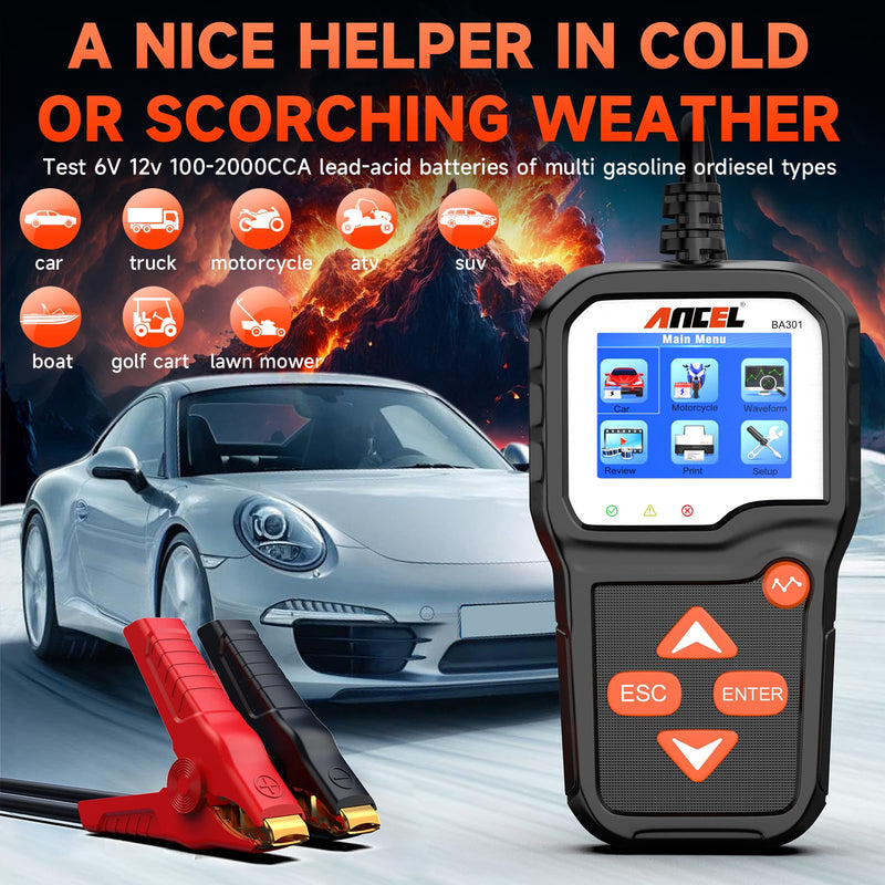  [AUSTRALIA] - ANCEL BA301 6V 12V Car Battery Tester, 100-2000 CCA Automotive Load Tester Alternator Tester Auto Digital Battery Analyzer Cranking and Charging System Test Tool for Motorcycle Car Boat Truck SUV ATV