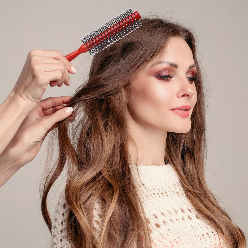 Small Round Hair Brush for Blow Drying, Mini Curling Brush with Ball Tip Nylon Bristle and Wood Handle, Mini Quiff Roller for Short Hair, Thin Hair, Bangs, Lifting, Styling, Beard (Red)