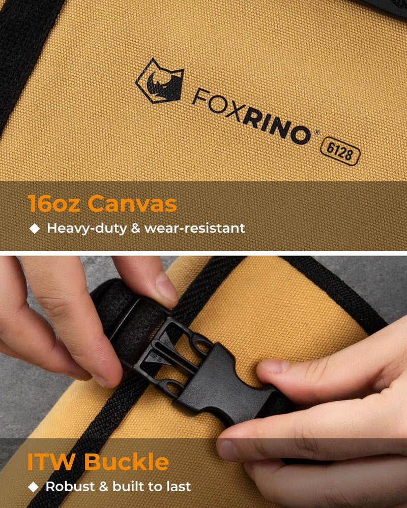 Foxrino Wrench Roll, Wrench Roll Up Pouch, 17-Pocket Heavy Duty Canvas Wrench Organizer Bag for Metric Combination Wrenches, Portable Tool Roll Bag, Gifts for Men for Fathers Day(Brown, 17+1 SAE) Brown