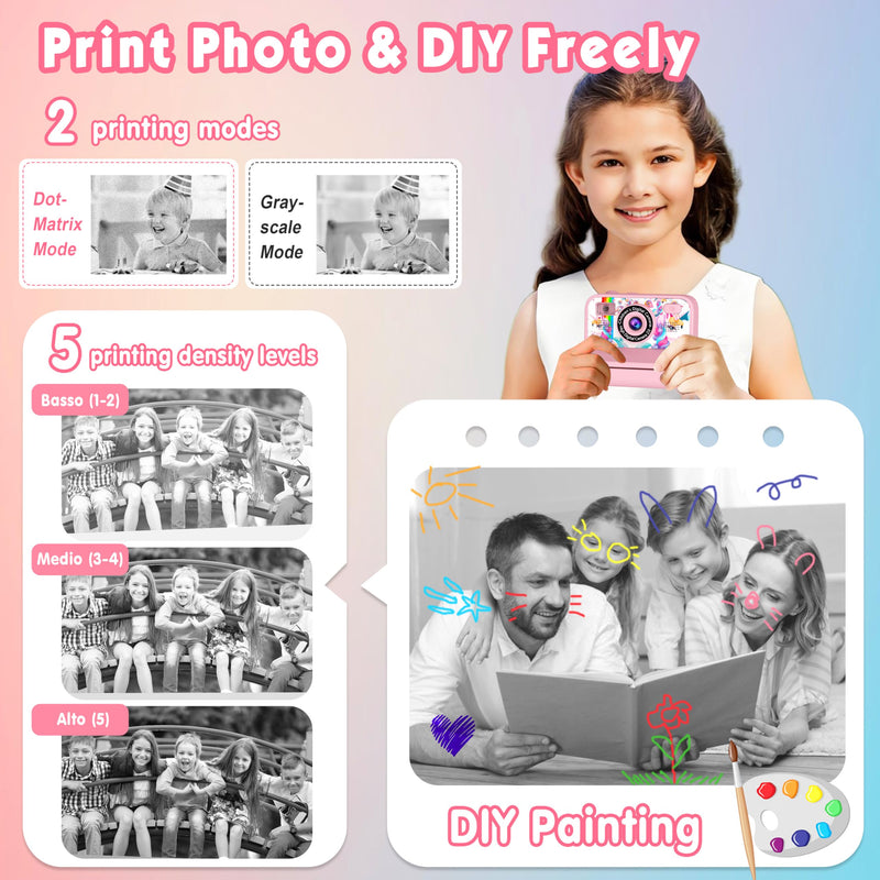 Kids Camera, Upgrade Kids Camera Instant Print, Front Rear Dual Selfie Digital CAM with 1080P Videos, Portable Travel Toy with Games and Music, Christmas Birthday Gift for Boys, Girls and Teens Pink