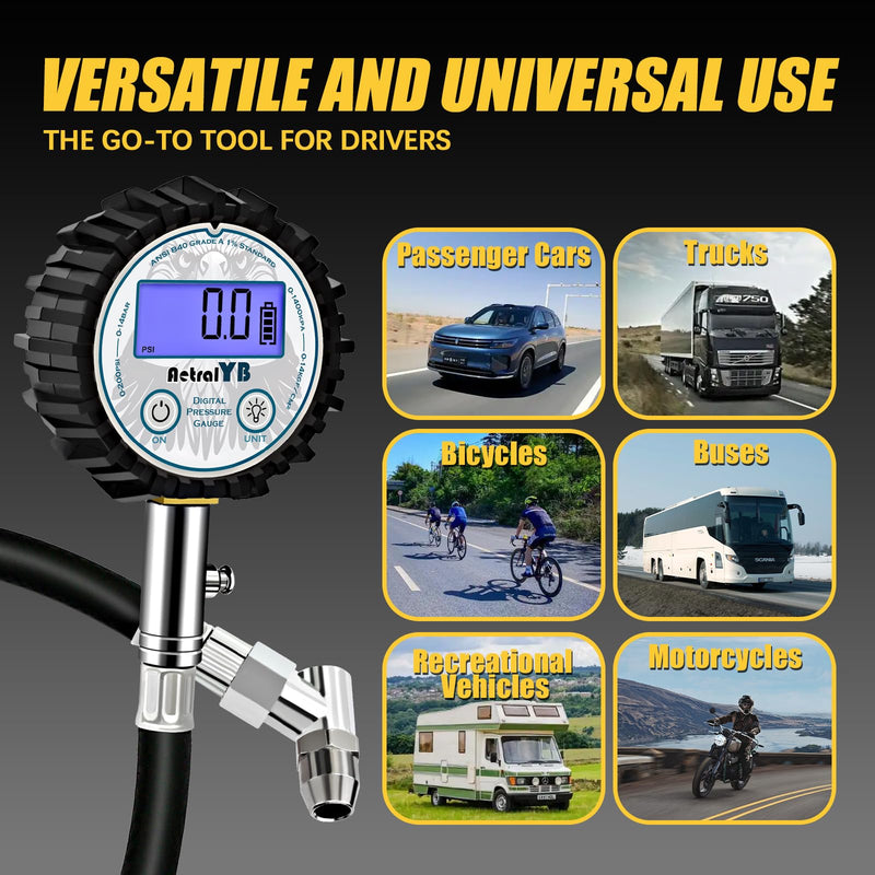 Digital Tire Pressure Gauge with 200 PSI - Heavy Duty Air Chuck, Reinforced Rubber Hose, Professional Accuracy, and LED Backlight 45° Air Chuck