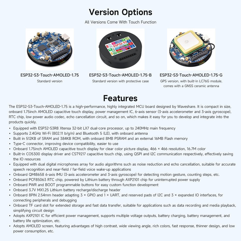 Waveshare ESP32-S3 1.75inch AMOLED Round Touch Display Development Board, 32-bit LX7 Dual-core, 466×466, QSPI, Dual Digital Microphones Array, ESP32 with Display, with GPS