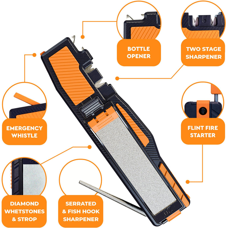 8-in-1 Pocket Field Knife Sharpener – Guided Diamond Whetstones, Diamond Rod, Leather Strop, 2 Sharpening Slots, Fire-Starter Ferro Rod & Whistle – Outdoor, Yard, Camping by Orange Ninja
