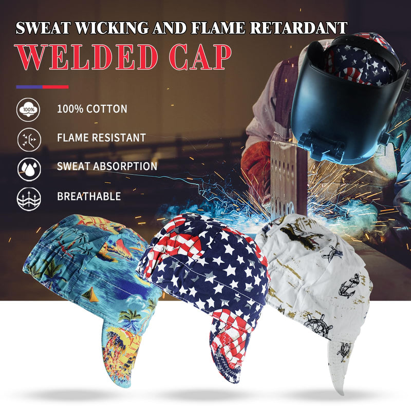 Welding Cap 100% Cotton Welding Caps for Men 3 Pcs Mesh Inside Sweat Absorption Flame Resistant Protective Welders Cap with Elastic Welding Helmet