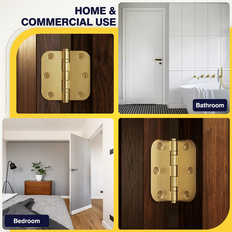 KOLET Ball Bearing Gold Door Hinges, 3.5 Inches Brushed Gold Door Hinges, 5/8'' Radius Corner Heavy Duty Stainless Steel Hinges, Smooth and Quiet, Non Removable Pin, Brushed Gold, 3 Pack