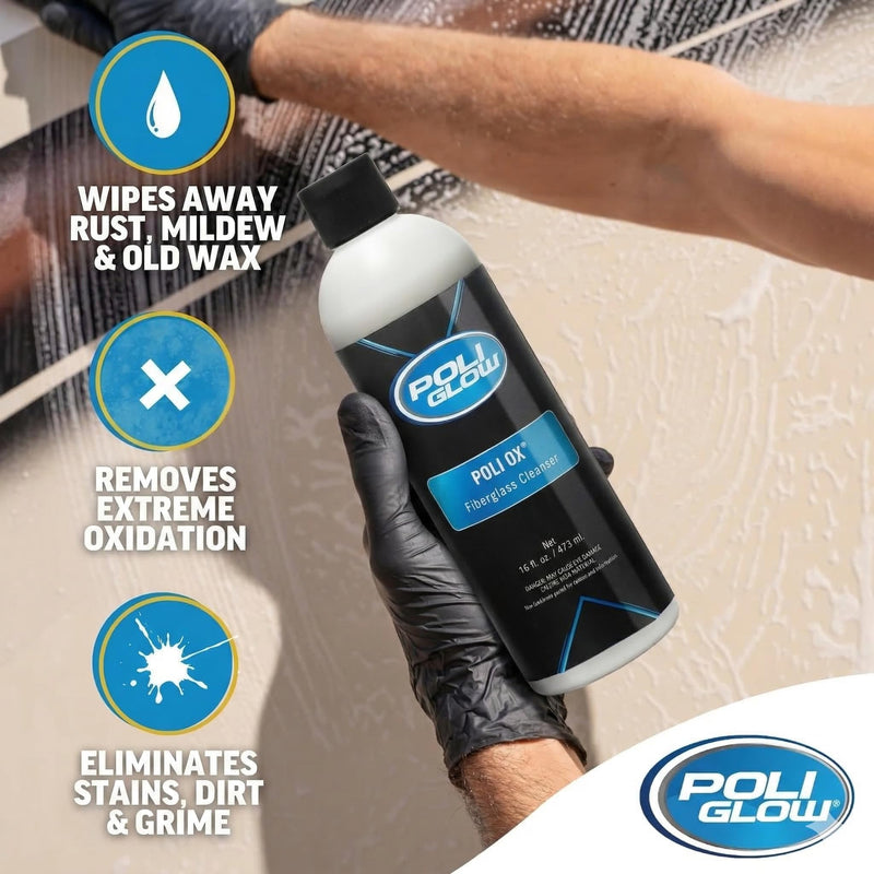 Poli Ox® Oxidation Removal Kit for Boats, RVs, or Fiberglass Surfaces–Removes Heavy Oxidation, Stains & Grime–Safe on Fiberglass, Gelcoat, Vinyl Decals: Includes 16 oz Cleaner, Scrub Pad & Sanding Pad Liquid Ox
