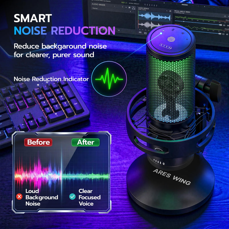 ARES WING USB Gaming Condenser Microphone with RGB Light, for Streaming | Cardioid Podcast Mic, Noise Reduction, Quick Mute, Shock Mount, Headphone Jack, Gain Knob for PC/Mac Discord Twitch YouTube