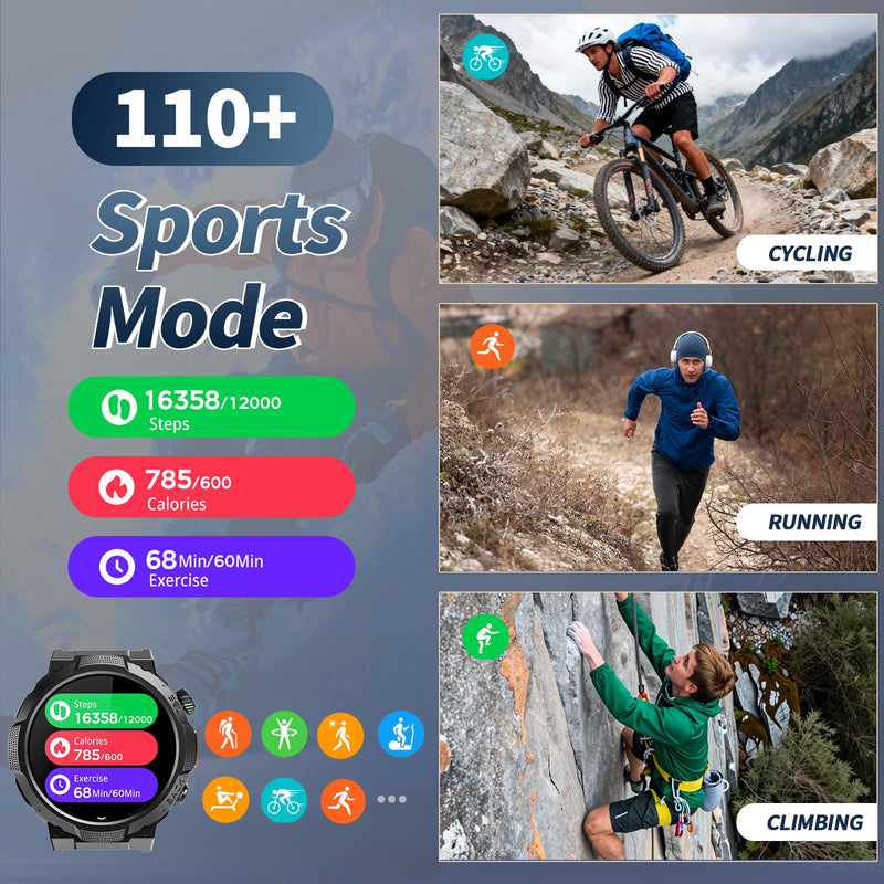 Soudorv Military Smart Watch for Men, 50+ Day Battery Life, Bluetooth Call | 1.53" HD, 110+ sports modes, heart rate/sleep monitor, IP68 waterproof, Fitness Watch with LED Flashlight for iOS/Android Black