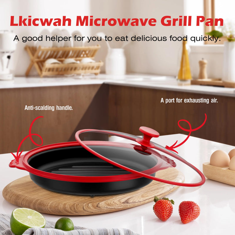 Microwave Grill Pan with Glass Splatter Cover（BPA Free） | Nonstick Microwave Crisper Pan & Cookware Accessories for Grilling Meat, Sandwich, Chicken Wings, Sausage,Dishwasher Safe Red+Glass