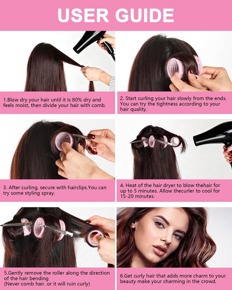 Hair Rollers with Clips 50PCS, Rollers for Hair Volume 4 Sizes | Includes 24 Clips And 4 Roller Sizes (60/48/36/25mm) For Long, Medium And Short Hair, Ideal For DIY Hair Styling Pink