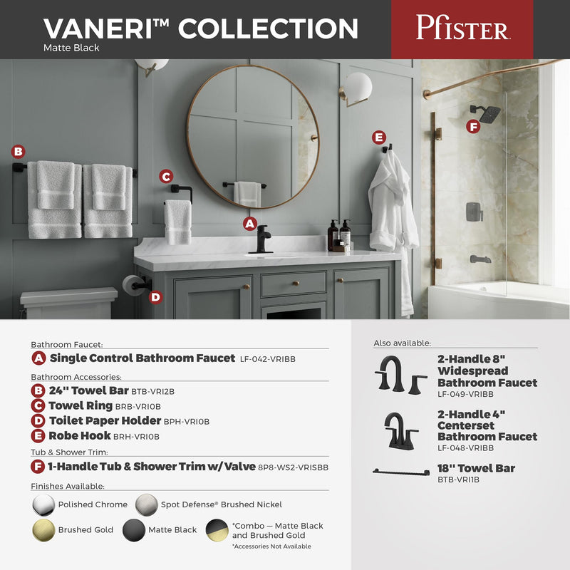 Pfister Vaneri Towel Ring, Hand Towel Holder for Bathroom, Wall-Mounted, Screw-In, Matte Black Finish, BRBVRI0B