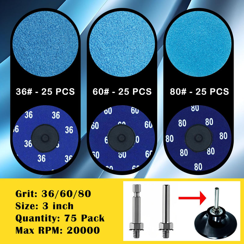 75Pcs 3 inch Quick Change Disc Set, Zirconia Roll Lock Sanding Disc with 1/4" Holder Compatible with Die Grinder Surface Prep Strip Polish Finish Burr Rust Paint Removal 3" Zirconia Sanding Disc