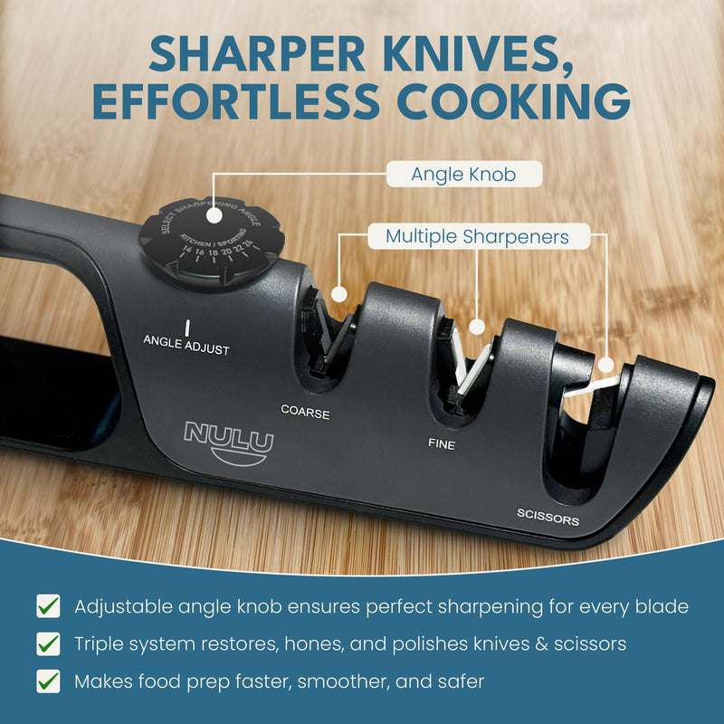 NULU Adjustable Knife Sharpener - Manual Knife Sharpener with Angle Control for Nulu & Traditional Knives, Ergonomic Design, Triple Sharpening System for Professional Results