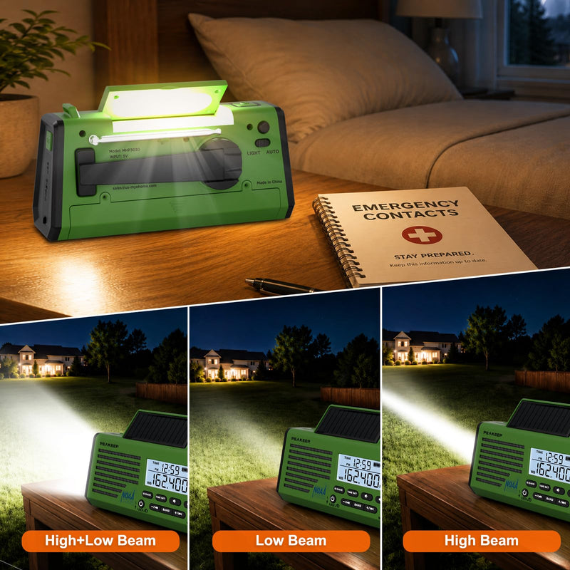 Peakeep Emergency Radio NOAA Weather Alert Battery Solar Crank Powered | AM FM SW Portable Radio , Rechargeable Battery 18500mWh, SOS Flashlight Lamp for Home Car Camping Storms Blackouts Prep Green with Black