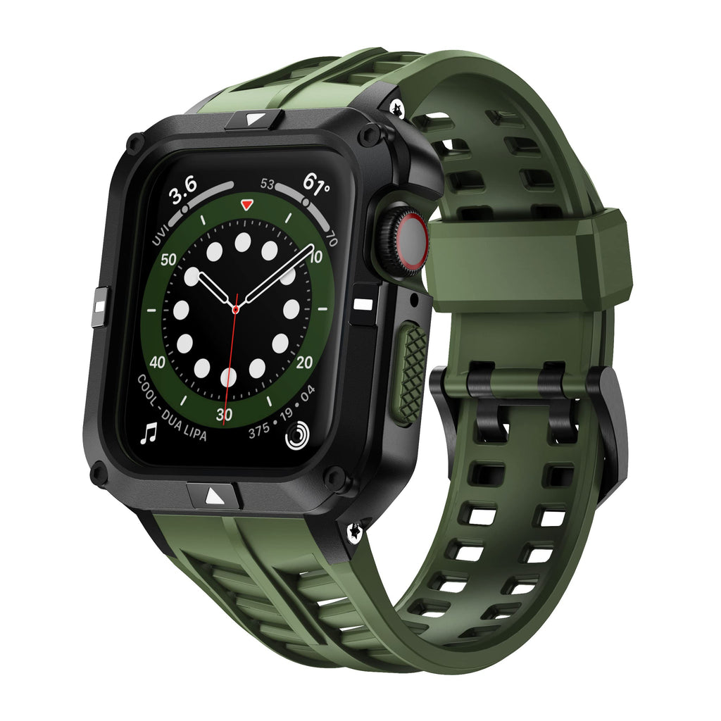 T-ENGINE Metal Case Compatible with Apple Watch Series 7/8/9 (45mm) for se Series 6/5/4 (44mm), One-Piece Metal Case with TPU Band for 45mm 44mm Black+Army Green 44mm-Series 6 SE 5 4