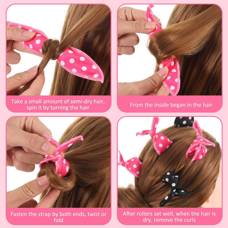 10pcs Heatless Curlers Short Hair No Heat Hair Curlers Overnight Soft Sponge Pillow Curlers Rollers for Hair Styling Retro Polka Dots Design (Black, Rose Red)