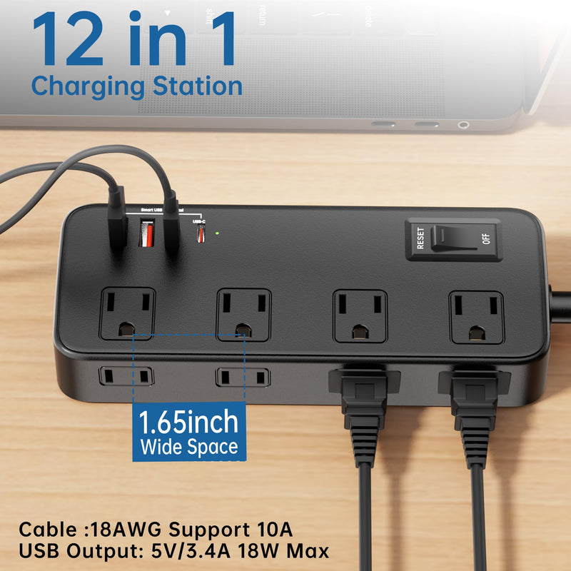 Power Strip with Surge Protector, Outlet Extender,8 AC, 2 USB A,2 USB C Port for 17W Power Strip Charger 5ft Power Cord 1875W 100-250V for Home, Office, Dorm Essential,Black