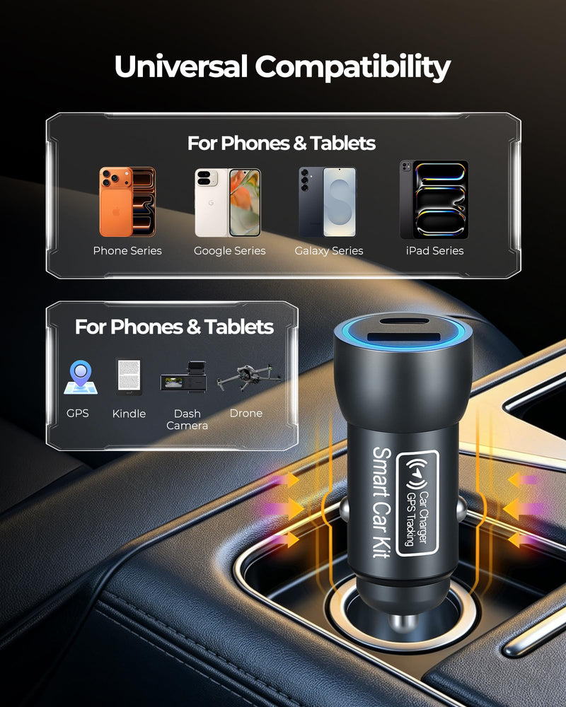 USB C Car Charger,GPS Tracker for Vehicles Cigarette for iOS Find My | 2-Port 40W Super Fast Charging Hidden Portable GPS Tracker Anti-Theft (iOS Only),No Monthly Fee Subscription-Grey Grey