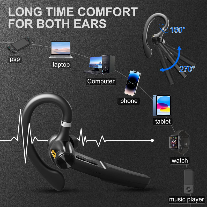 Bluetooth 5.3 Headset, 60Hrs Single Ear Earpiece with Mic | LED Charging Case, Noise Cancelling Mic, Hands-Free Calls for Business, Driving & Meetings Black
