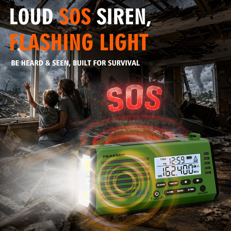 Peakeep Emergency Radio NOAA Weather Alert Battery Solar Crank Powered | AM FM SW Portable Radio , Rechargeable Battery 18500mWh, SOS Flashlight Lamp for Home Car Camping Storms Blackouts Prep Green with Black