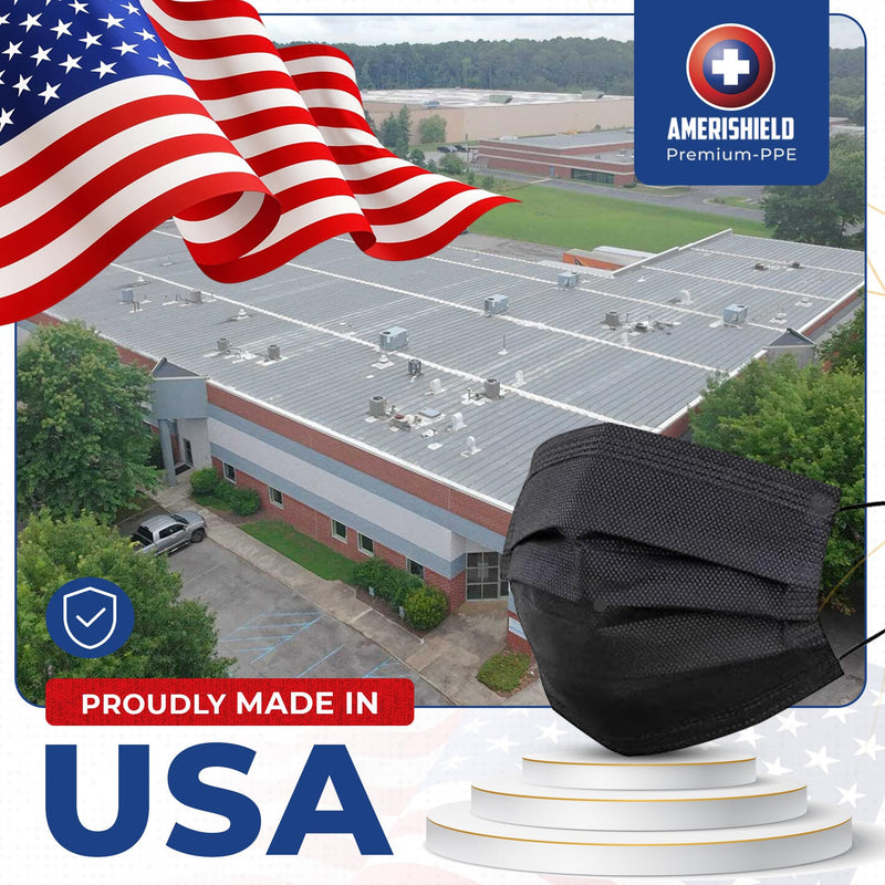 Amerishield Disposable Black Face Mask, ASTM Level 2, 100 Ct, USA Made | Breathable and Comfortable for Allergy and Sun Protection, FSA/HSA Eligible, 4 Layer Design Pack of 100