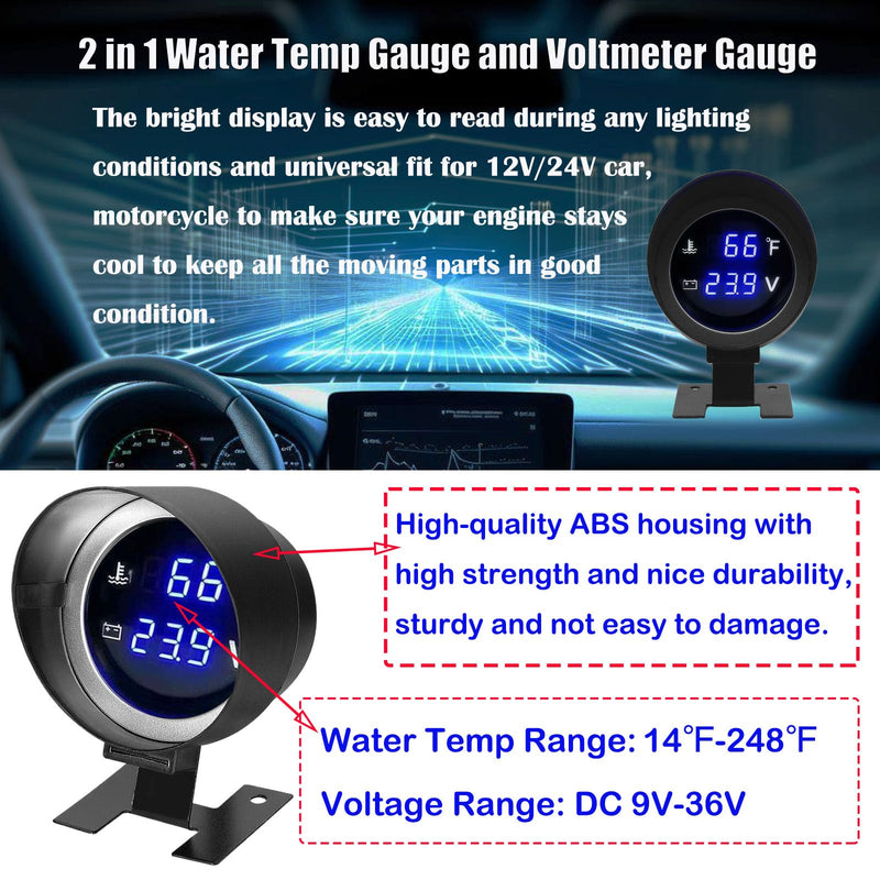 2-in-1 Water Temperature & Voltage Gauge Set - 2” 52mm Digital Blue LED Display for 12V/24V Cars 2-in-1 Gauge