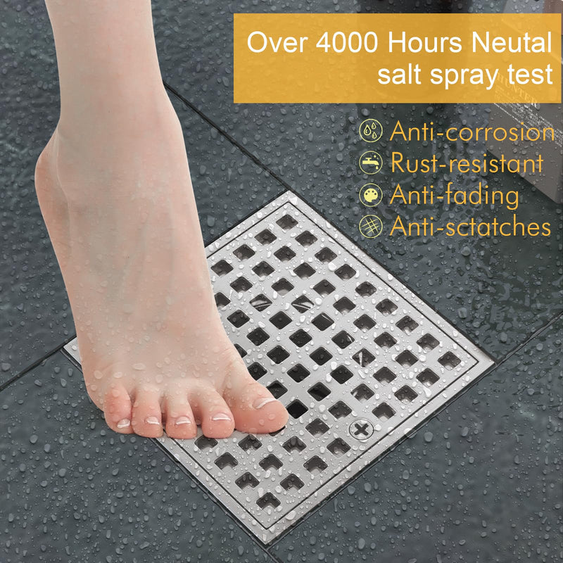 4 Inch Square Shower Drian with ABS Flange-SUS 304 Stainless Steel & CUPC Certified Shower Floor Drain-Removable Grid Cover-with Hair Strainer-Brushed Nickel Brushed Nickel