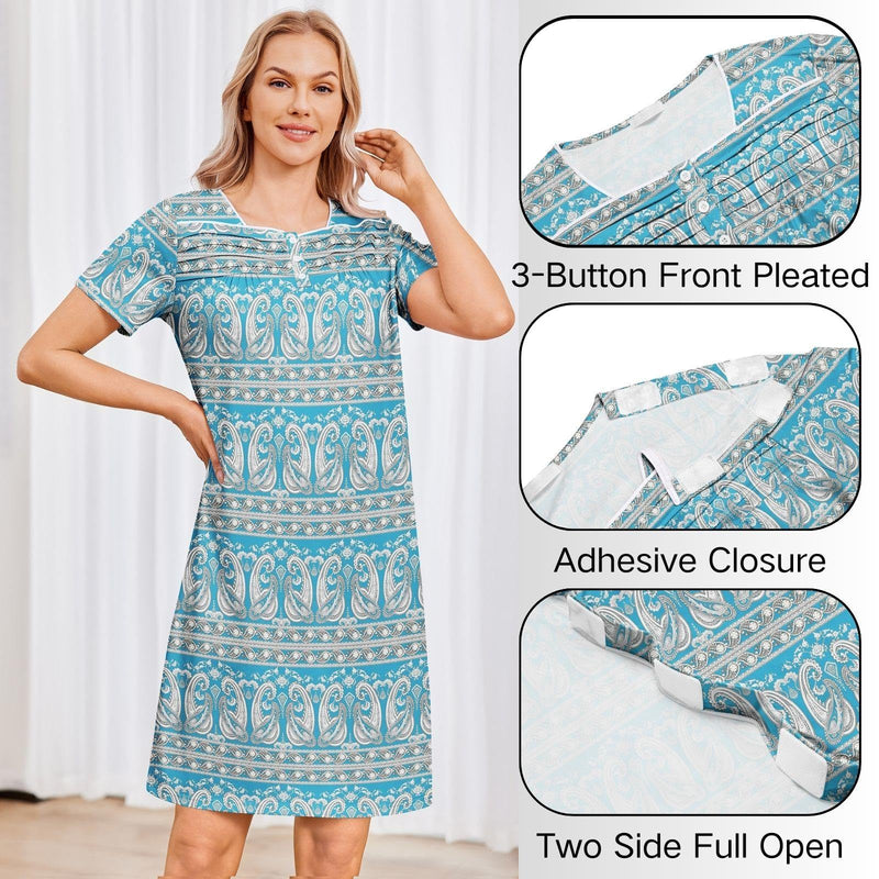Deyeek Post Shoulder Surgery Dress Women Side Full Tear Away After Rotator Cuff Chemo Dialysis Port Adaptive Clothing Blue Print X-Large
