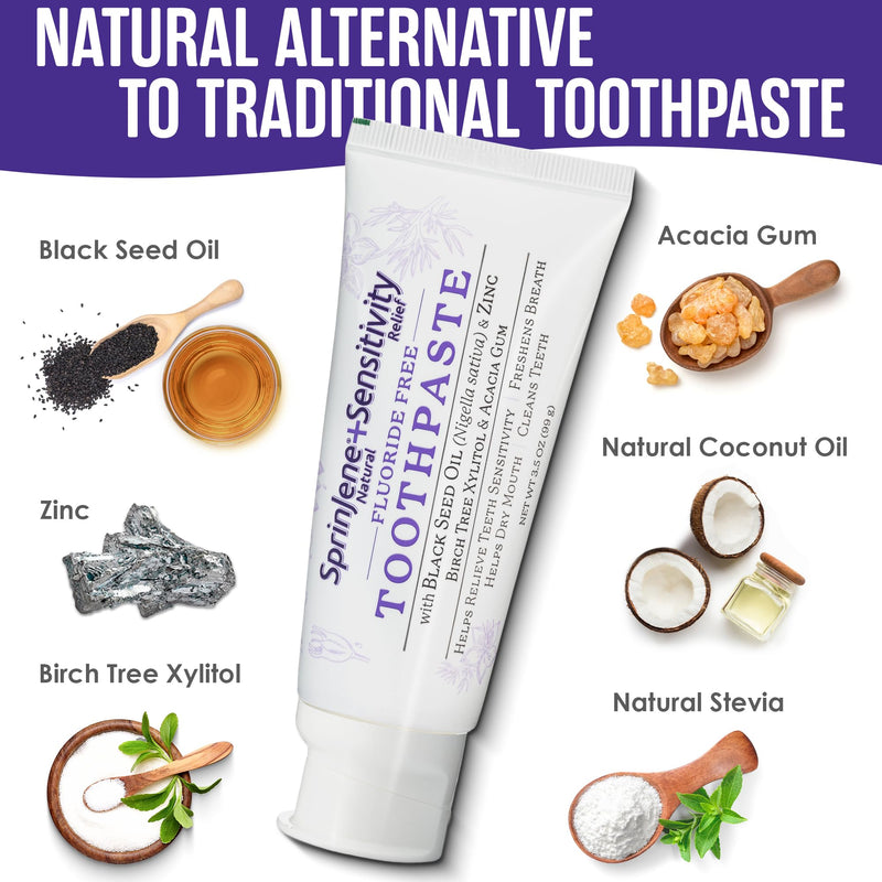 SprinJene Fluoride Free Toothpaste - Patented Natural Toothpaste with Black Seed Oil & Zinc - Made in the USA - Vegan Non Fluoride for Fresh Breath Preservative Free (4 Pack) Pack of 4 Sensitivity - Fluoride Free