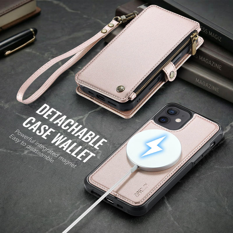 for iPhone 12/Pro - Phone Case Wallet Magnetic, Champagne Gold | Compatible with Magsafe, Detachable, RFID Blocking Card Holder, Zipper Pocket, Wrist Strap, for Women Men, Durable PU Leather iPhone 12 & 12 Pro