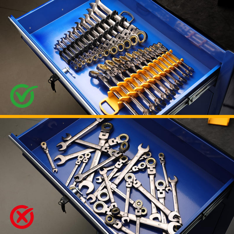 Wrench Organizer for Tool Box, 2 Pack Magnetic Wrench Holders with Handle, Includes FREE 10mm Double-Ended Wrench, Storage for Tool Box Drawer, SAE & Metric Wrench Rack Wrench+Handle 2-Pack