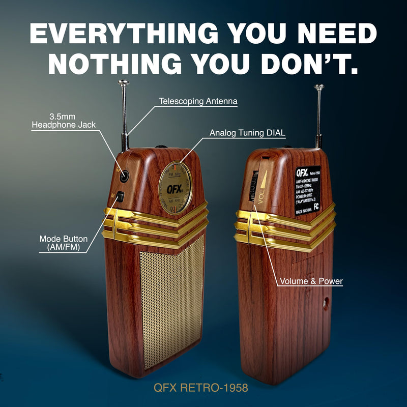 QFX Retro Portable Transistor Pocket AM FM Radio, RETRO-1958, Wood | Telescoping Antenna, High-Fidelity Speaker, Headphone Jack, Battery Operated, Classic 1950s Design