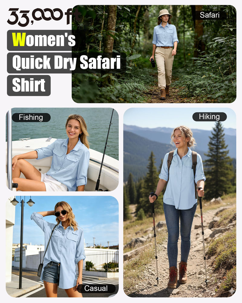 33,000ft Women's UPF 50+ UV Long Sleeve Sun Protection Safari Shirts Quick Dry Outdoor Fishing Hiking Travel Shirt Light Blue Medium