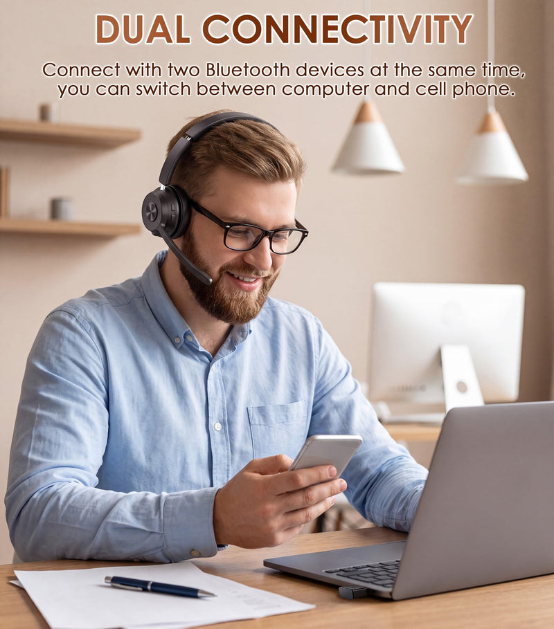 Wireless Headset with Mic for Work, Bluetooth Headset with Noise Cancelling | Headphones with Microphone Mute & USB Dongle for PC/Computer/Laptop/Cell Phones/Remote Work/Call Center (Black) Black