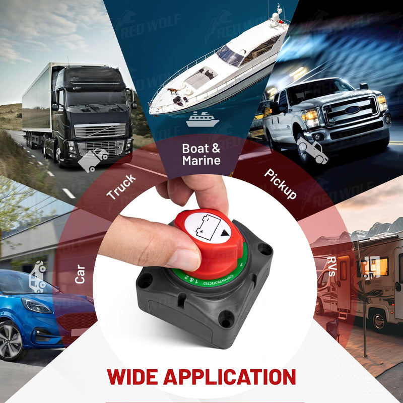RED WOLF 1-2-Both-Off Battery Switch DC 12V-48V 200A, Heavy Duty Marine Battery Power Cut Master Switch Disconnect Isolator Ignition Protected for Automotive RV Marine Battery Kill w/M8 Stud 1-2-Both-Off Switch