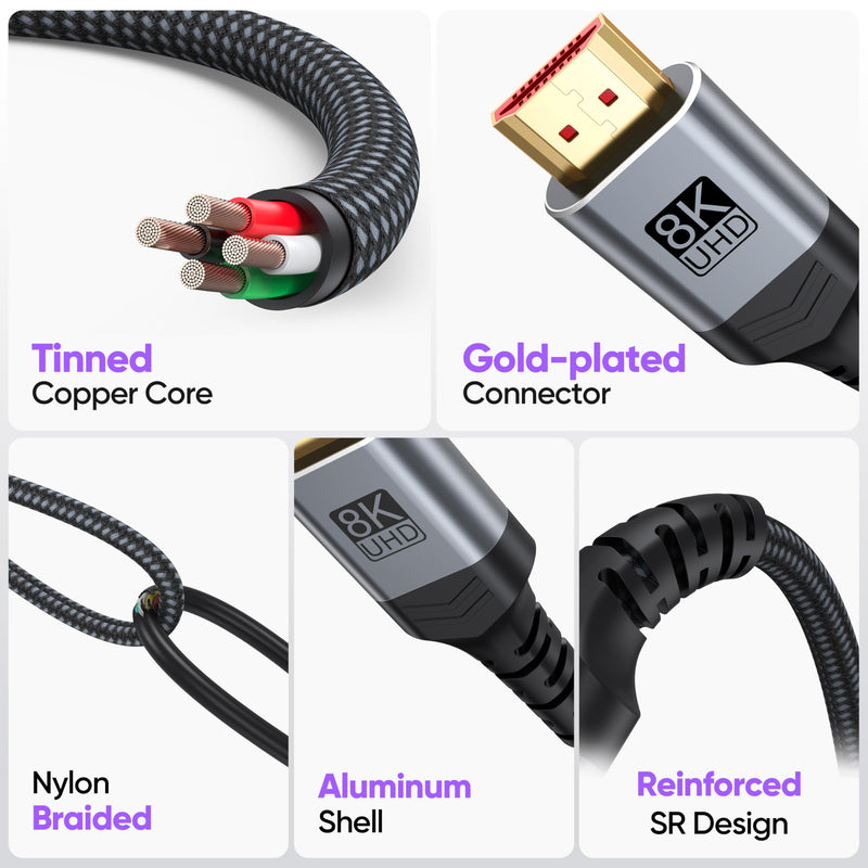 8K HDMI 2.1 Cable 6 FT 5-Pack, 48Gbps High Speed Braided HDMI Cord Pack with CL3 Rated for Game Monitor TV, 4K@120Hz/144Hz 8K@60Hz, HDR10, DTS:X,eARC/ARC for PC Laptop, Monitor, HDTV,Soundbar 6FT Grey