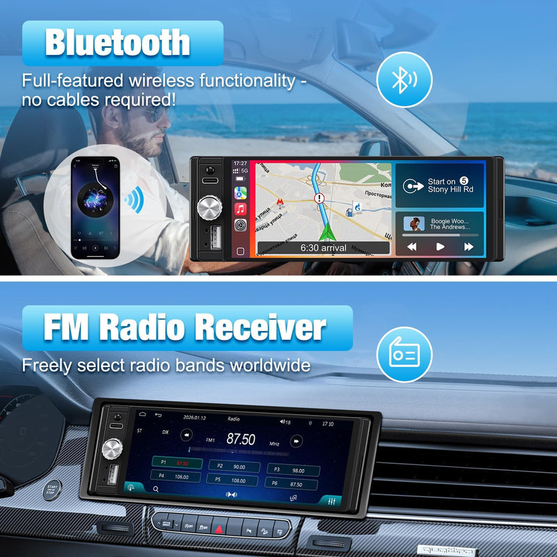 Single Din Radio Car Stereo with Apple CarPlay & Android Auto, 6.28 Inch HD Touch CarPlay Screen, Backup Cam,Bluetooth, MP5,USB Type-C, SWC, EQ, FM Radio (with External Mic)