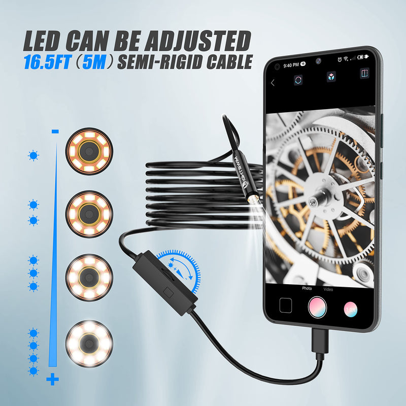 1920P Endoscope Snake Inspection Camera, Type C Borescope, Scope Camera with 8 LED Lights for Android and iOS Smartphone, iPhone, iPad, Samsung (16.5 FT/5M)