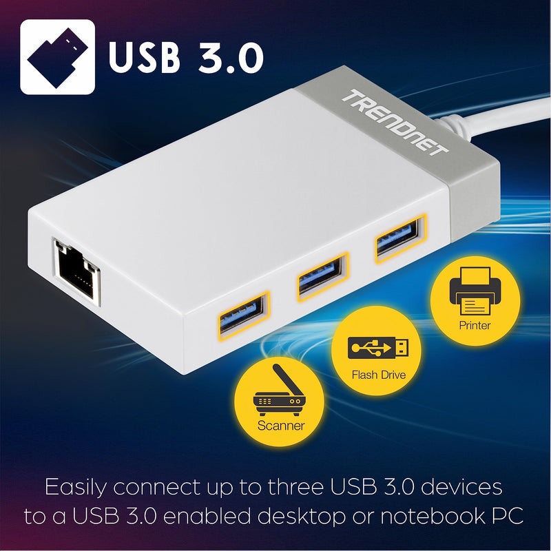 TRENDnet 3-Port USB 3.0 Hub, TU3-ETGH3, Compact USB to Ethernet Adapter, 3 x USB 3.0 Ports, 1 x RJ-45 Gigabit Ethernet Port, Supports XP, Vista, Windows, Mac OS 10.6-10.9, Nintendo Switch, White 1 x Gigabit| 3 x USB