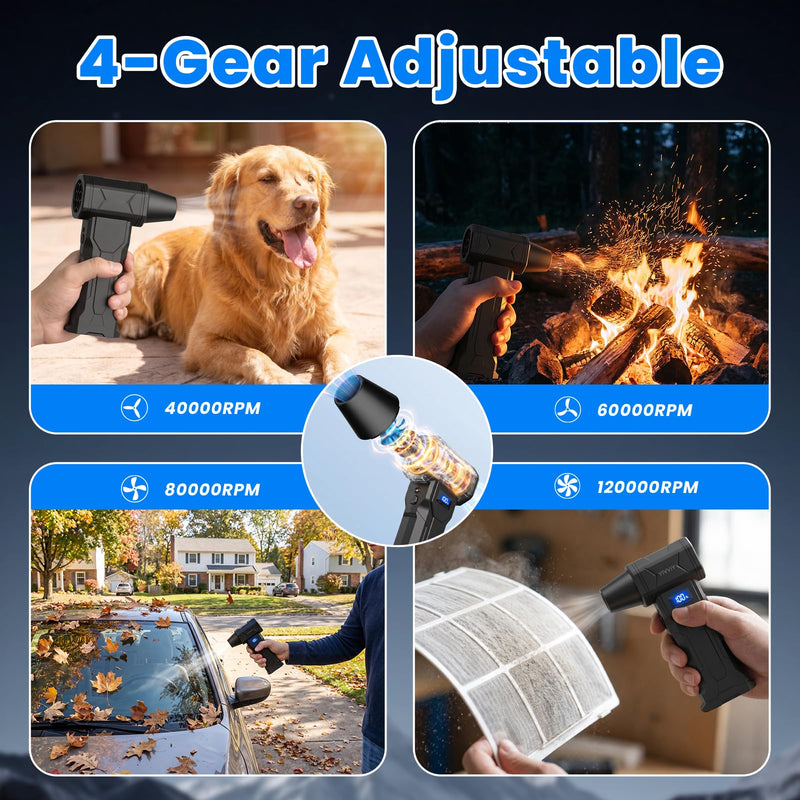 Handheld 4-Gear Powerful Electric Air Blower Dust Blower, 120000RPM Fast Charge Cordless Compressed Air Duster Cleaner Widely Used for Indoor Outdoor Vehicle Electronic Cleaning