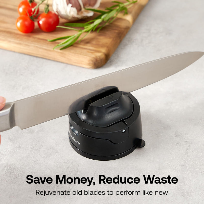 AnySharp – EVO – Hands Free Knife Sharpener - Easy to Use Sharpening Tool with Improved PowerGrip Suction Base and 20-Deg Pre-set Angle - For All Knives: Chef’s, Serrated, and Hardened Steel - Black One Size