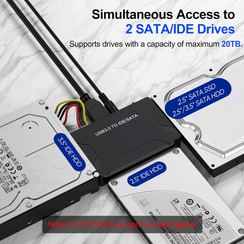 Hard Drive Reader USB 3.0 & Type C to SATA IDE Adapter, Internal Data Transfer Recovery Converter Kit with 12V/2A Power for 2.5"/3.5" SATA/IDE HDD SSD Hard Disk Internal Blu-ray Drive, up to 20TB For IDE/SATA