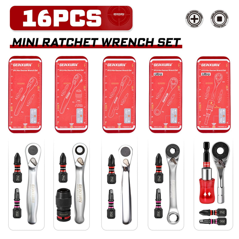 Mini Ratchet Wrench Set, 72 Teeth Ratchet Wrench For Tight Spaces, Locking Bit Holder, Change Adapter and Mini Socket Ratchet Comes in a Push-Pull Tin Case, Ideal for Repair and DIY projects TTMINWH16-US