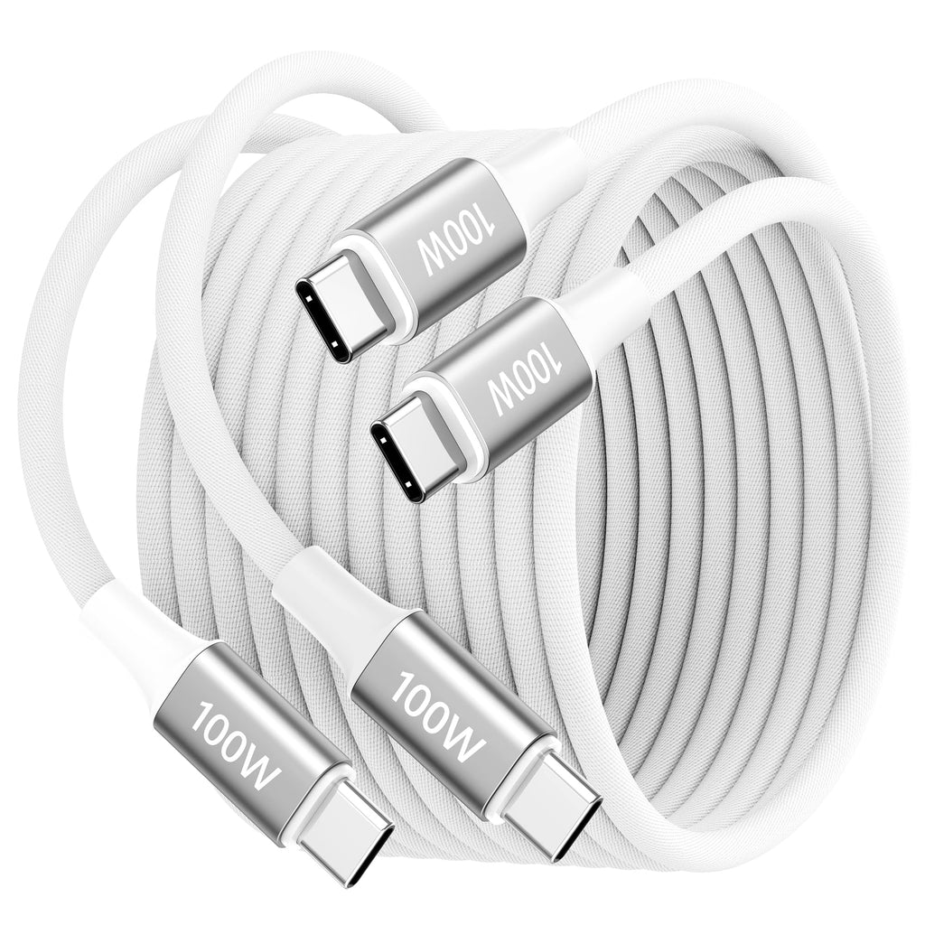 Highwings 100W USB C Cable (6.6ft, 2-Pack) for MacBook Pro/Air (2023-2018), iPhone 15 Pro Max, iPad Pro/Air/Mini 6th, Galaxy S23, Type-C Fast Charging Cord Nylon Braided 6.6ft White