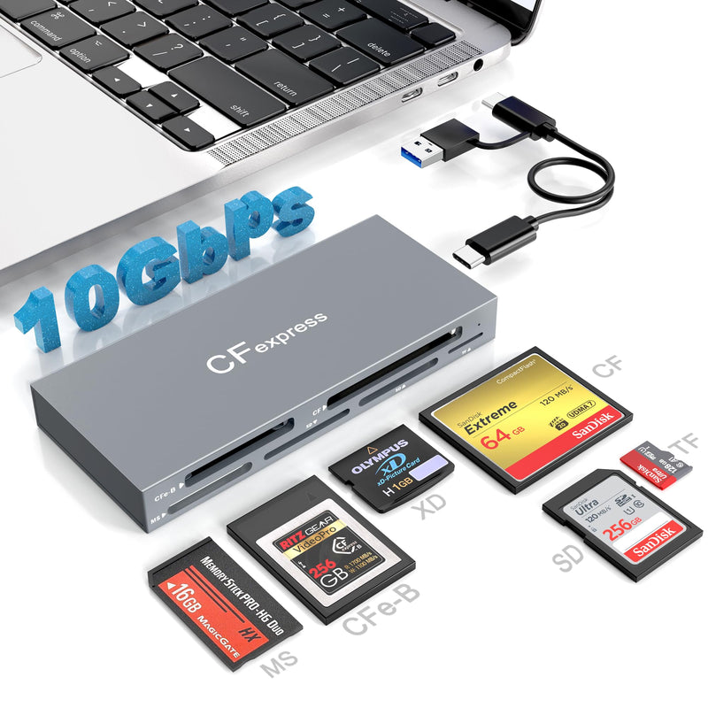 CFexpress Type B Multi Card Reader, 6-in-1 USB3.2 Gen2 10Gbps CF Express Reader for CFexpress Type B/SD/TF/CF/XD/MS Memory Card, Aluminum CFexpress Card Adapter Read 6 Cards Simultaneously CFexpress Type B Multi Card Reader