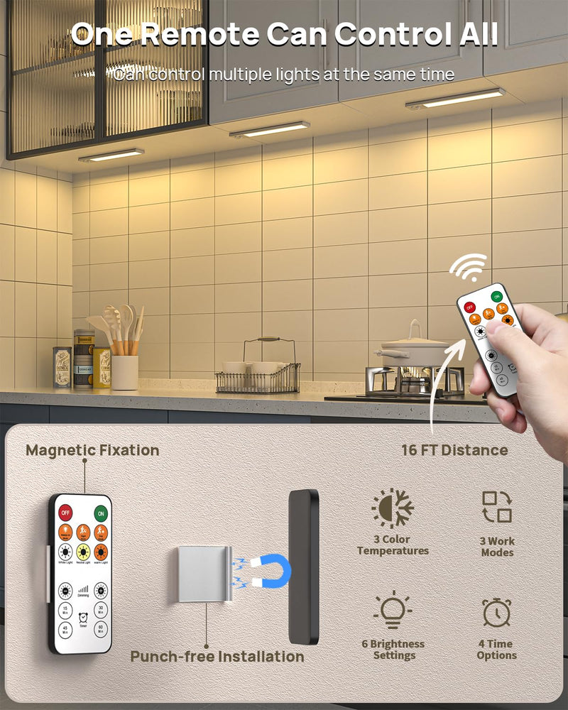 Under Cabinet Lighting with Remote Control,USB Rechargeable 180 Lumen LED Motion Sensor Light Indoor,Wireless Under Counter Light,3 Color Dimmable Closet Light for Bedroom,Wardrobe,Stairs,4 Pack White-9 Inch 4 Pack