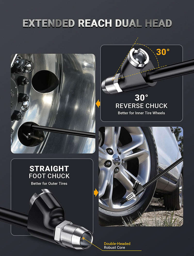 13'' Dual Head Air Chuck Set, Heavy Duty Extended Reach Tire Chuck w/Quick Plug for Semi Tire Inflation, 1/4" FNPT Straight Lock On Tire Inflate Chuck for Air Compressor Semi Truck RV Dually Tires Zinc Alloy