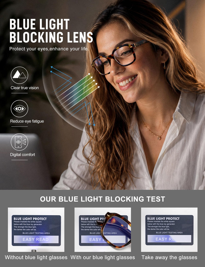 EASY READ Square Blue Light Glasses for Women and Men，Anti-Eyestrain/UV Computer Glasses for Phone and Screen Use Amber Tortoise