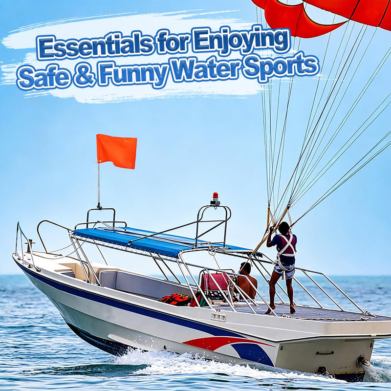 Orange Boat Flag with 53" Adjustable Pole - 12” x 18” Water Ski Flag with Stable Holder, Boat Safety Accessories for Watersports Wakeboarding